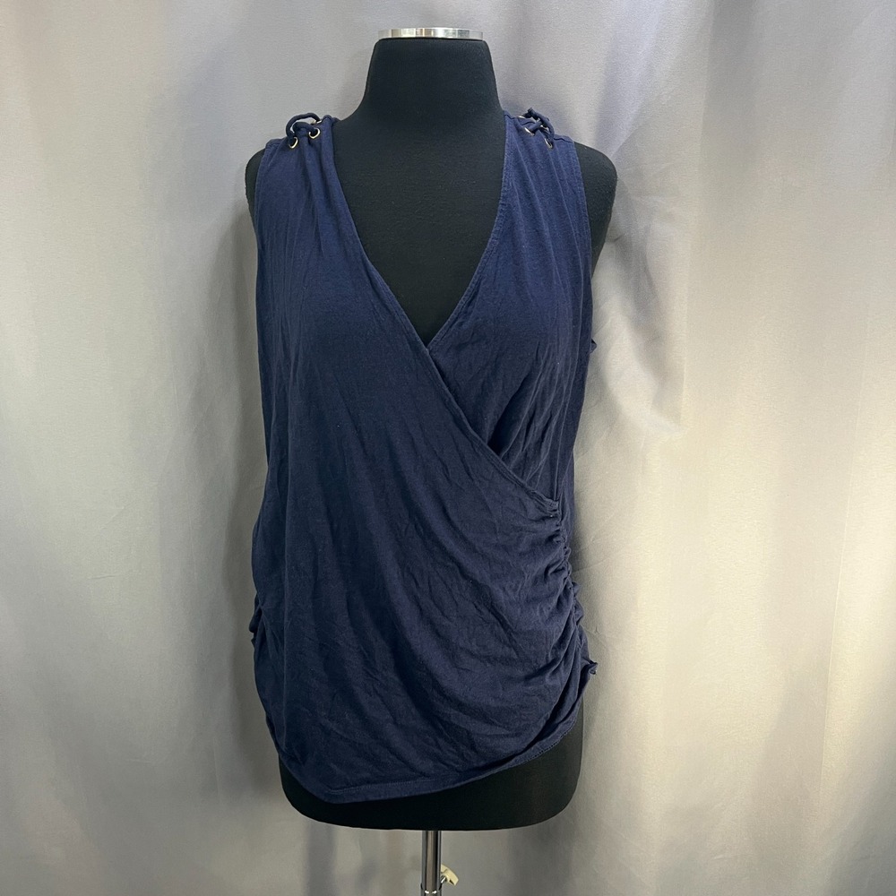 Michael Kors Wrap Top Womens Extra Large Blue Ruched Sleeveless Surplice Neck